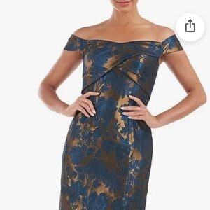 Kay Unger Teal and Gold Midi Dress